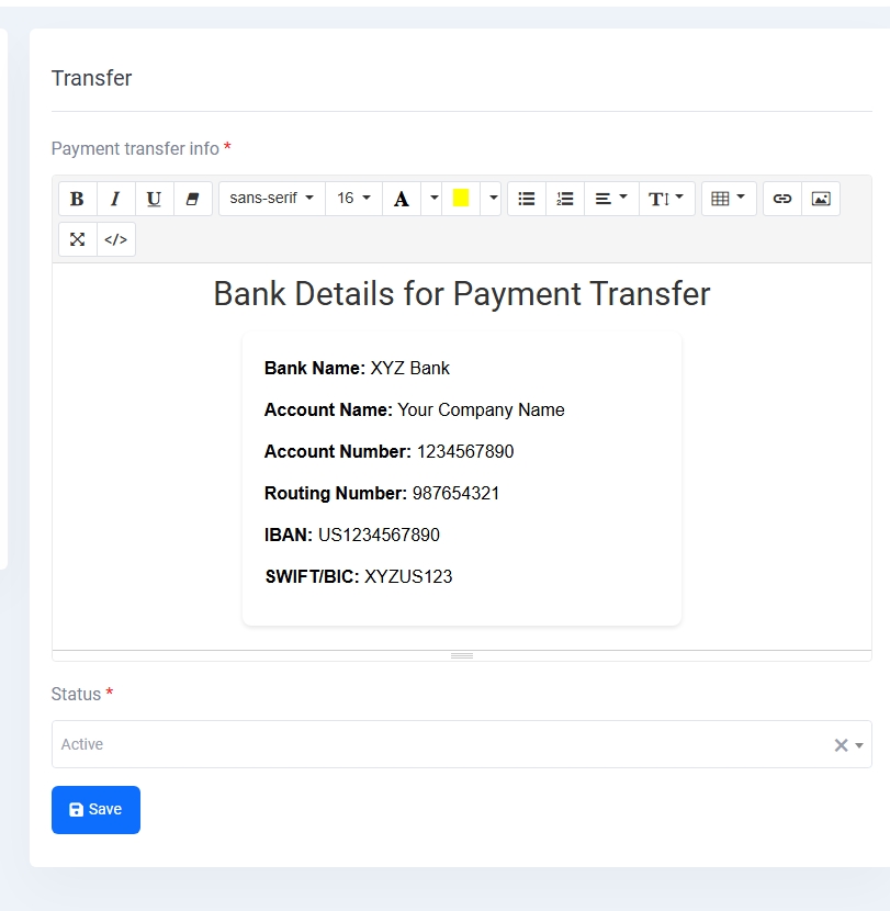 Bank Transfer Settings