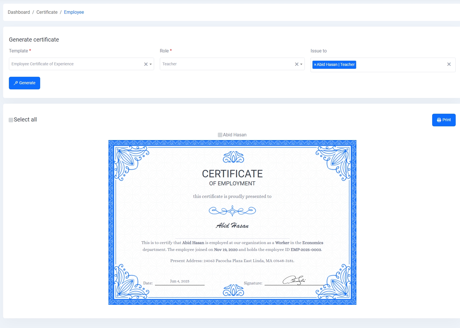 Generate Employee Certificate