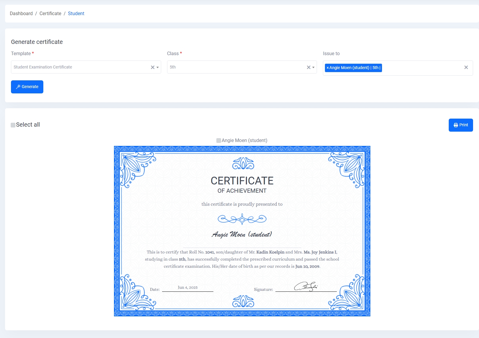 Generate Student Certificate
