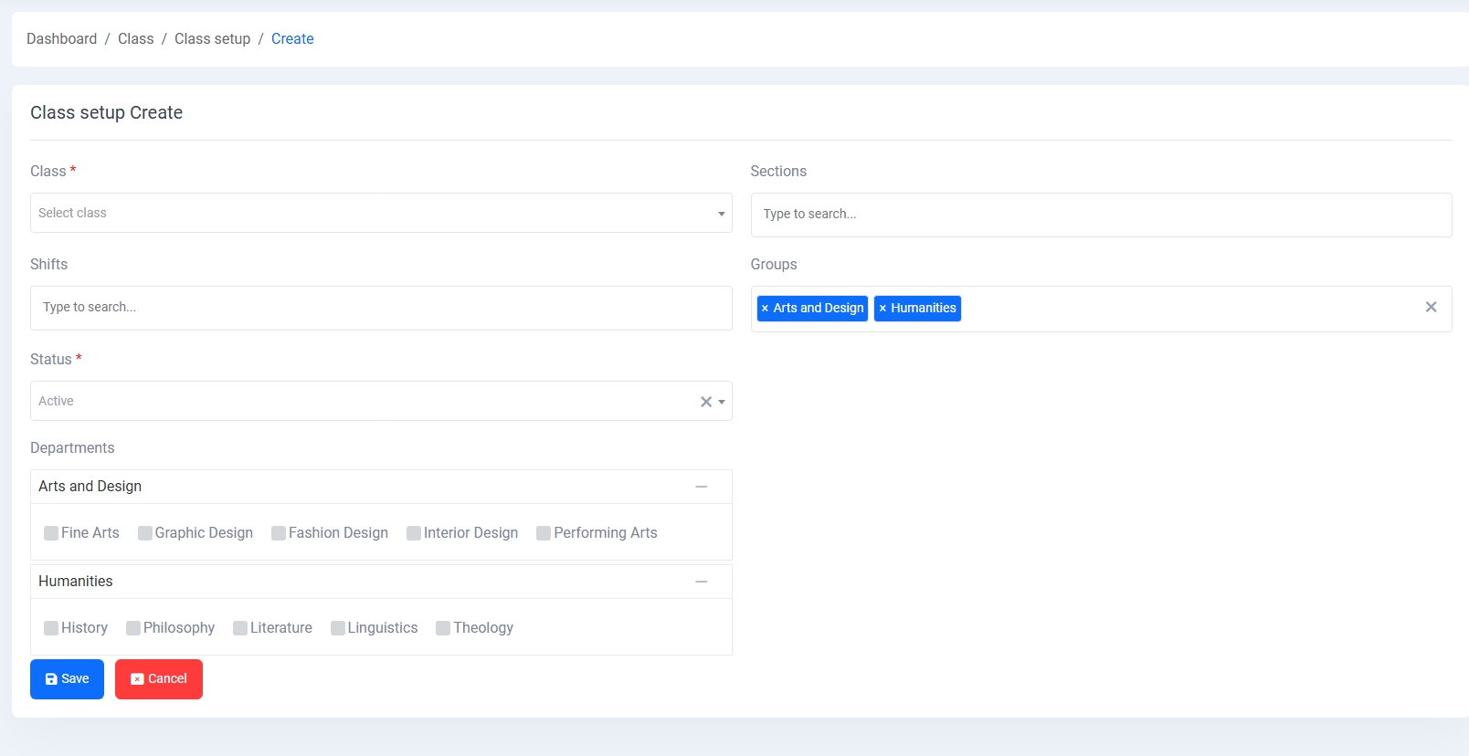 Class Setup Create Form