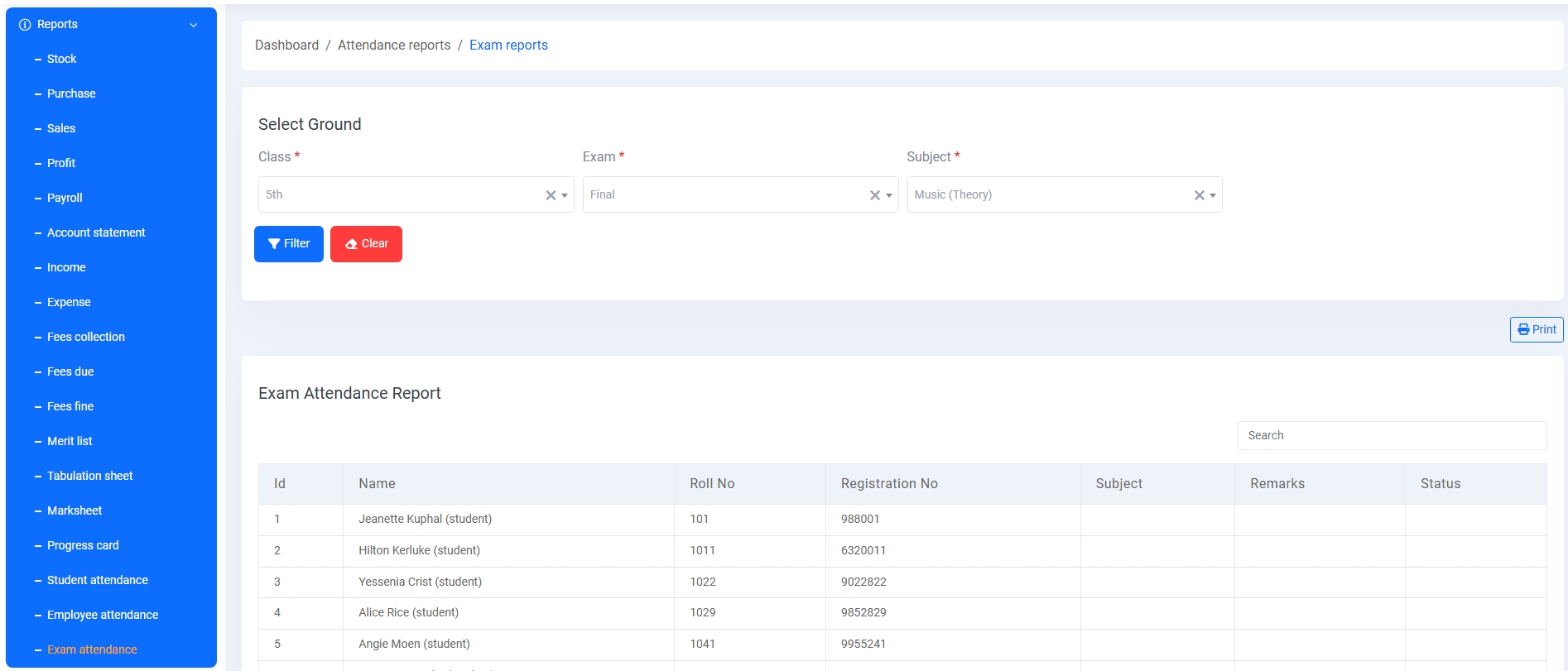 Exam Attendance Report
