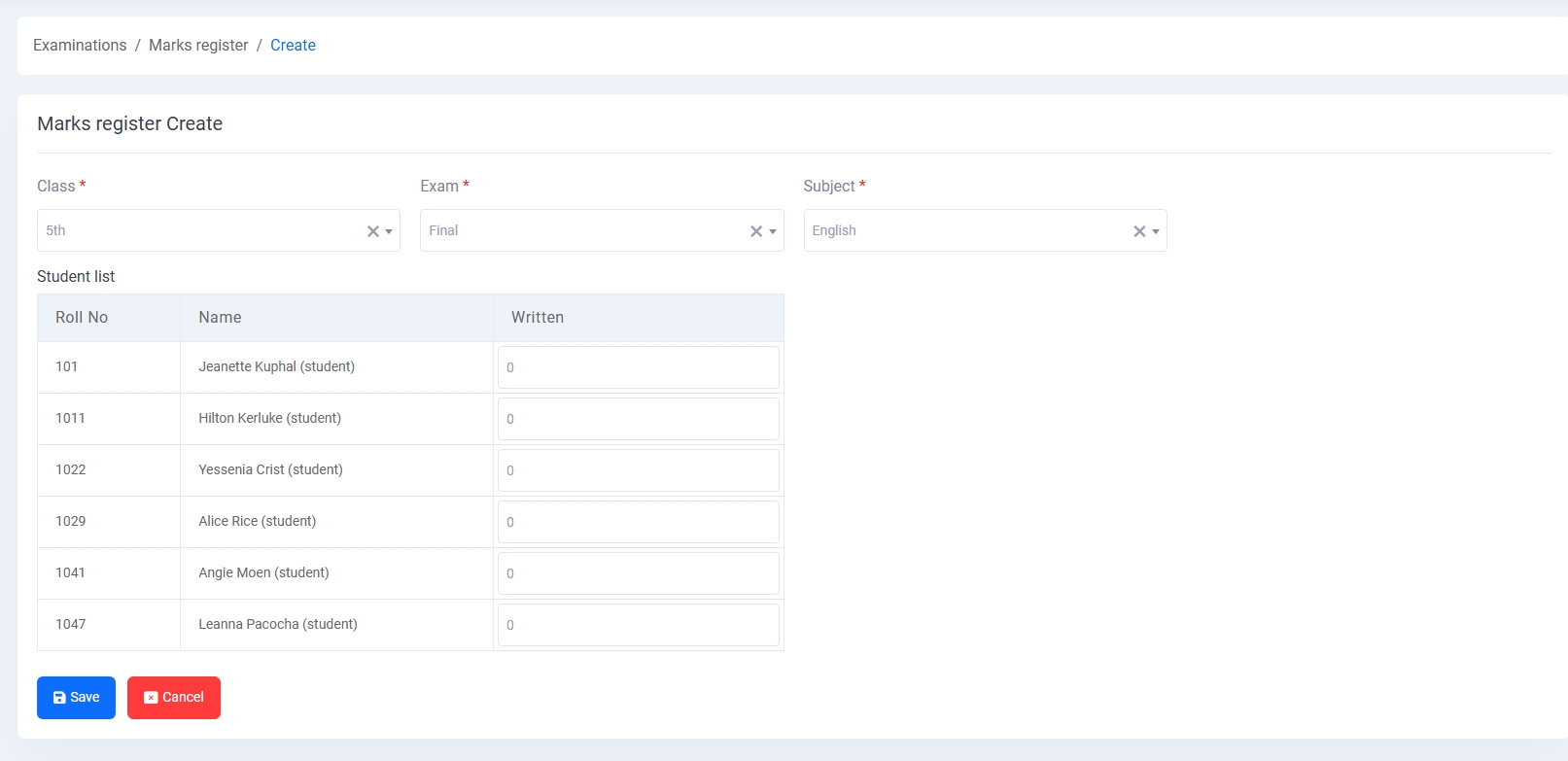 Marks Register Create